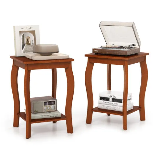 15 Inch 2-Tier Square End Table with Storage Shelf Set of 2-Walnut