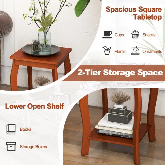 15 Inch 2-Tier Square End Table with Storage Shelf Set of 2-Walnut