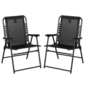 2 Pcs Patio Folding Chair Set, Outdoor Portable Loungers for Camping Pool Beach Deck, Lawn w/ Armrest Steel Frame Black