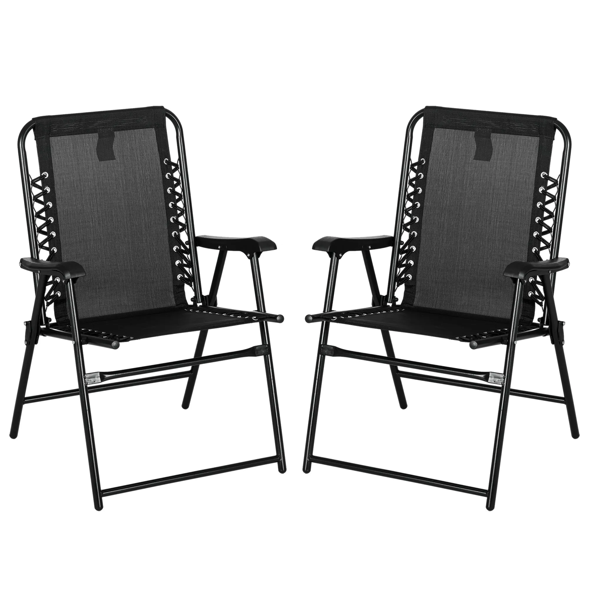 2 Pcs Patio Folding Chair Set, Outdoor Portable Loungers for Camping Pool Beach Deck, Lawn w/ Armrest Steel Frame Black