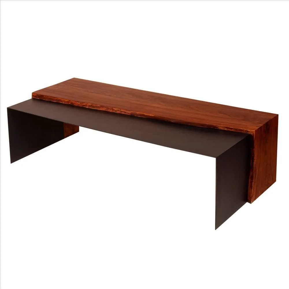 52.8 Inch Mary Live Edge Coffee Table with Metal Panel Top, Brown and Black By The Urban Port