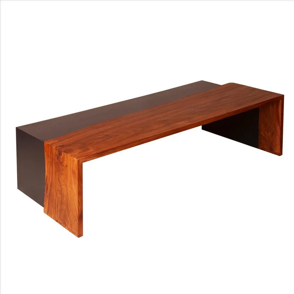 52.8 Inch Mary Live Edge Coffee Table with Metal Panel Top, Brown and Black By The Urban Port