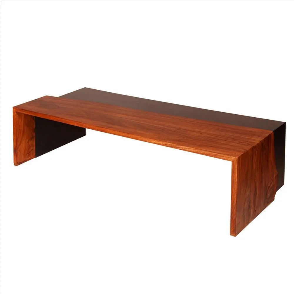 52.8 Inch Mary Live Edge Coffee Table with Metal Panel Top, Brown and Black By The Urban Port