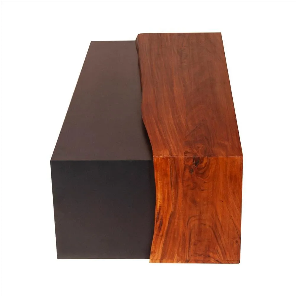 52.8 Inch Mary Live Edge Coffee Table with Metal Panel Top, Brown and Black By The Urban Port