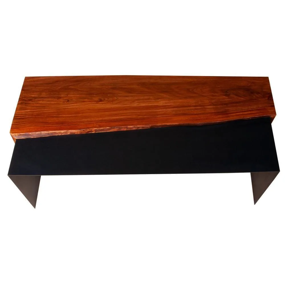 52.8 Inch Mary Live Edge Coffee Table with Metal Panel Top, Brown and Black By The Urban Port