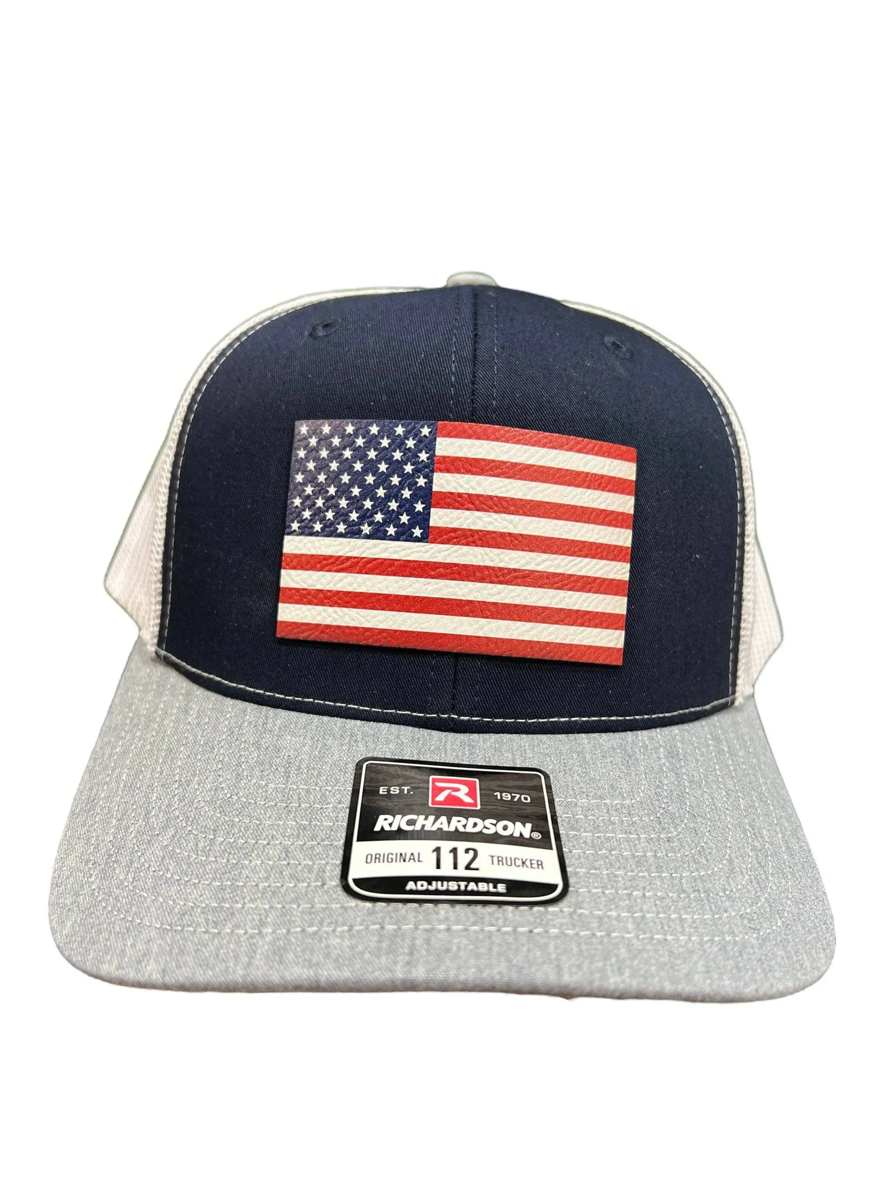 American Flag Hat UV Printed Premium Leatherette Patch on a Richardson 112 Trucker Hat.