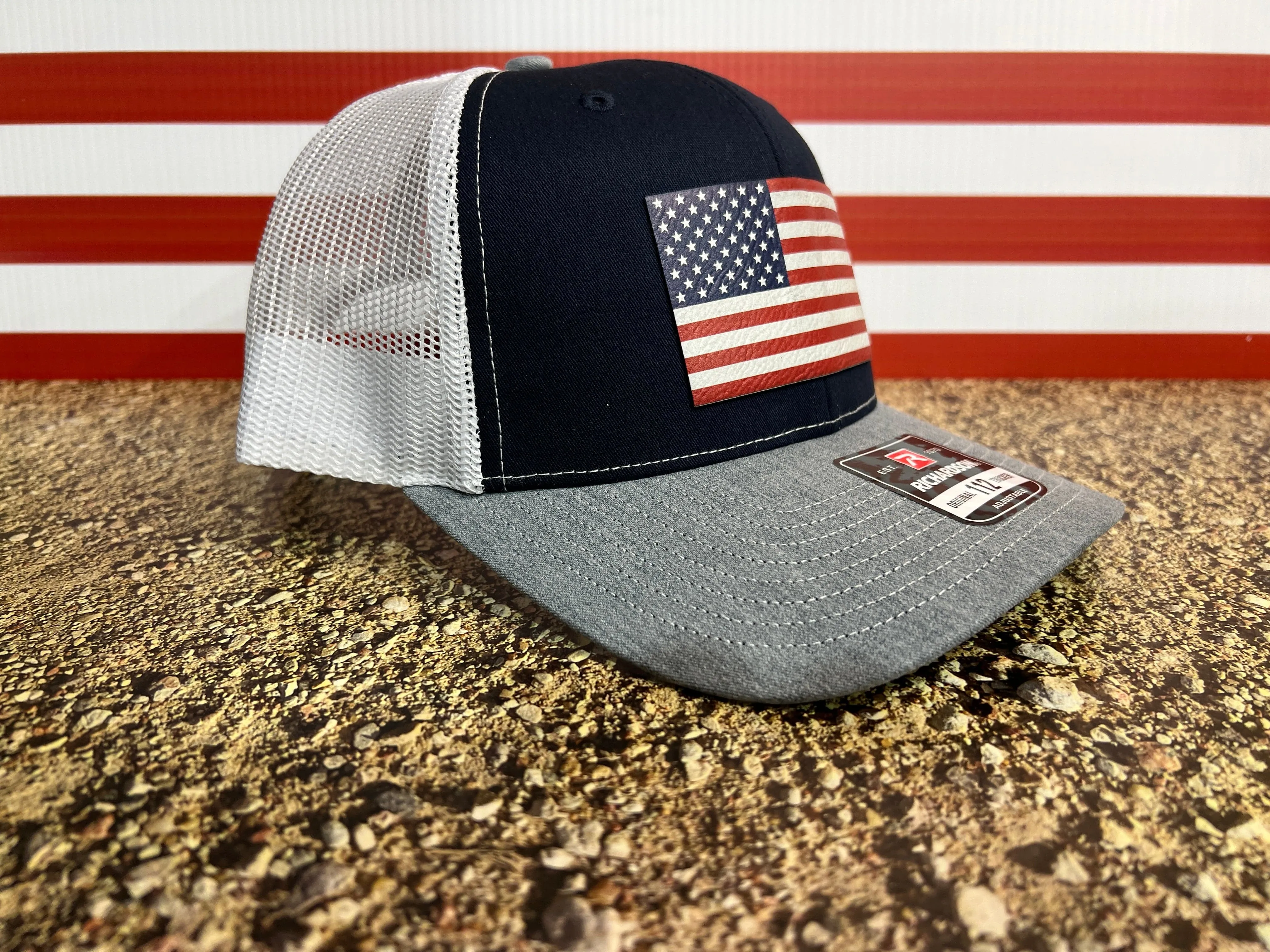 American Flag Hat UV Printed Premium Leatherette Patch on a Richardson 112 Trucker Hat.