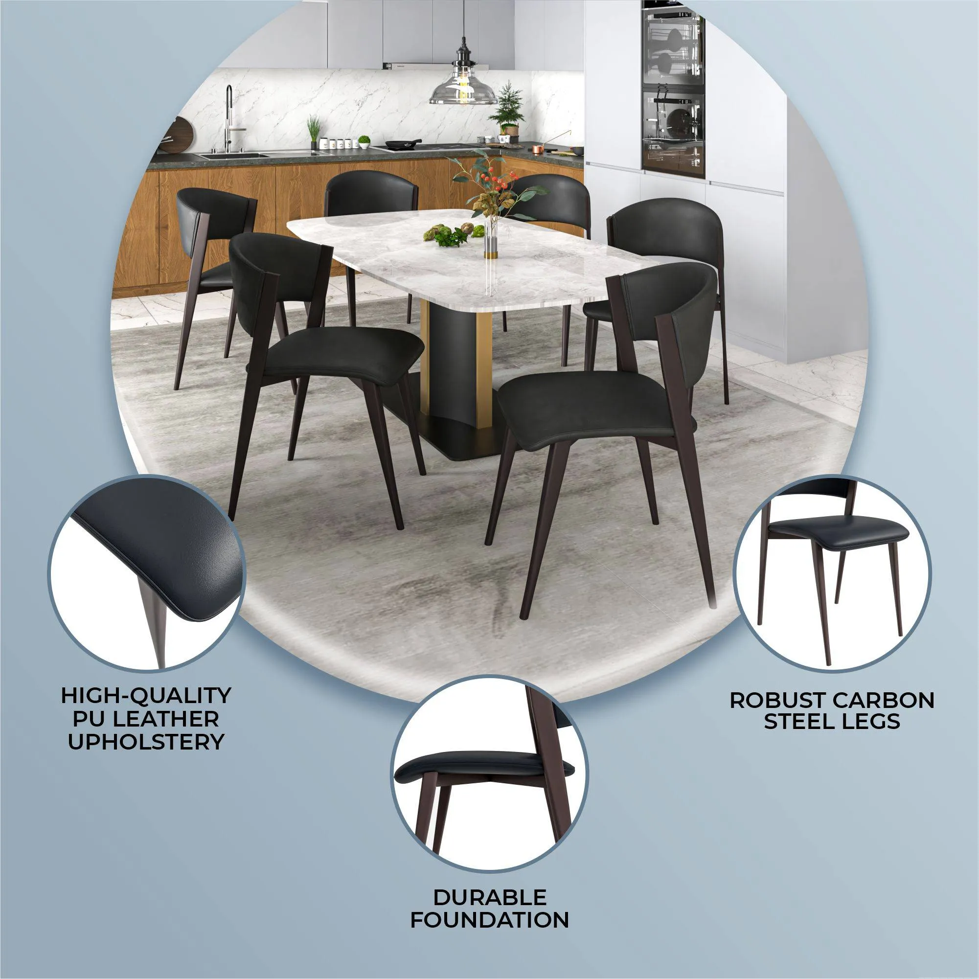 Aspen Dining Chairs Upholstered in Leather Kitchen Room Chairs with Metal Legs Set of 2