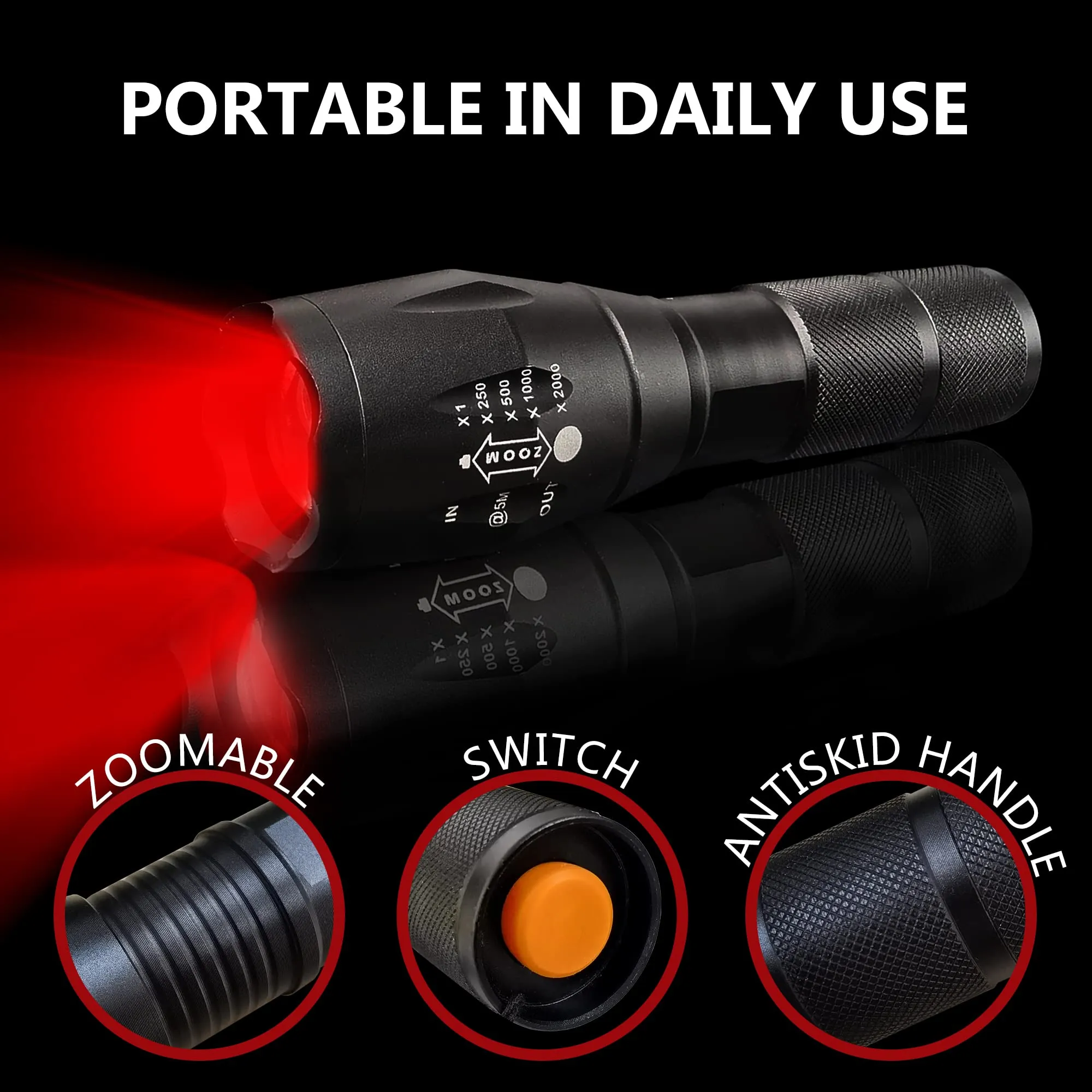 AuKvi Upgraded Red Light Flashlight Powerful Red LED Flashlight with White Light,Zoomable Red Light for Hunting, Astronomy, Night Vision