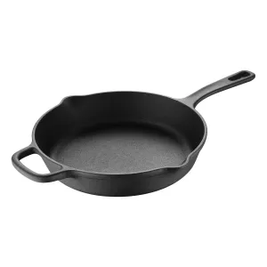 BBQ by MasterPRO - 12" Pre Seasoned Cast Iron Fry Pan with Helper Handle and Dual Spouts, Black