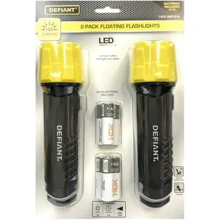 Defiant LED Floating Flashlights with Batteries Combo Pack - 100 Lumens (2 Pack) Floats in Water  Auto-on Light When in Water