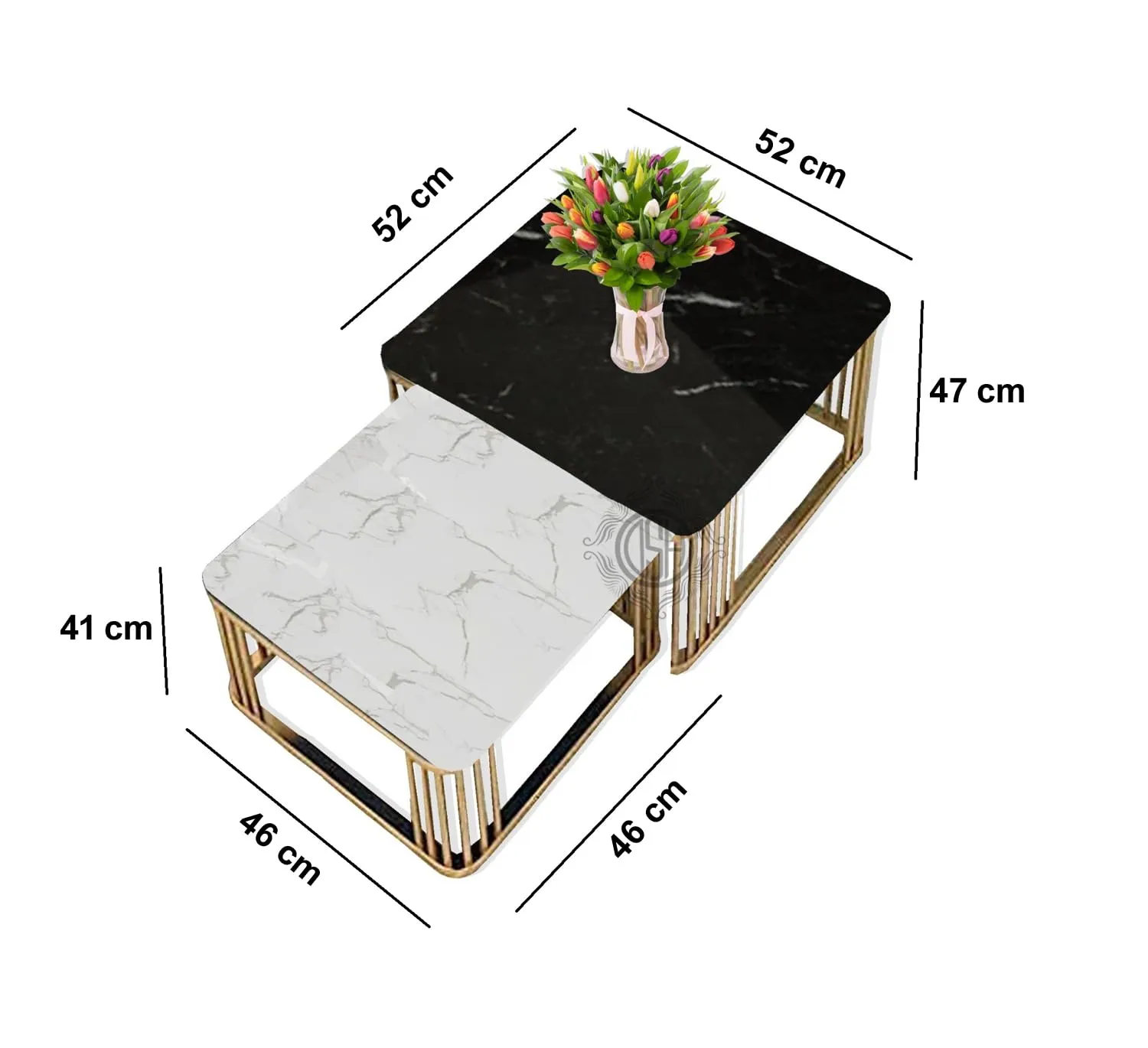 DSH Metal Coffee Table Nesting Table Marble Finish MDF White Top for Living Room for Bedroom Hall Balcony Office for Decoration. (White & Black)