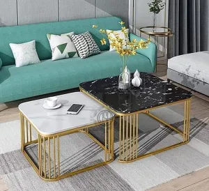 DSH Metal Coffee Table Nesting Table Marble Finish MDF White Top for Living Room for Bedroom Hall Balcony Office for Decoration. (White & Black)