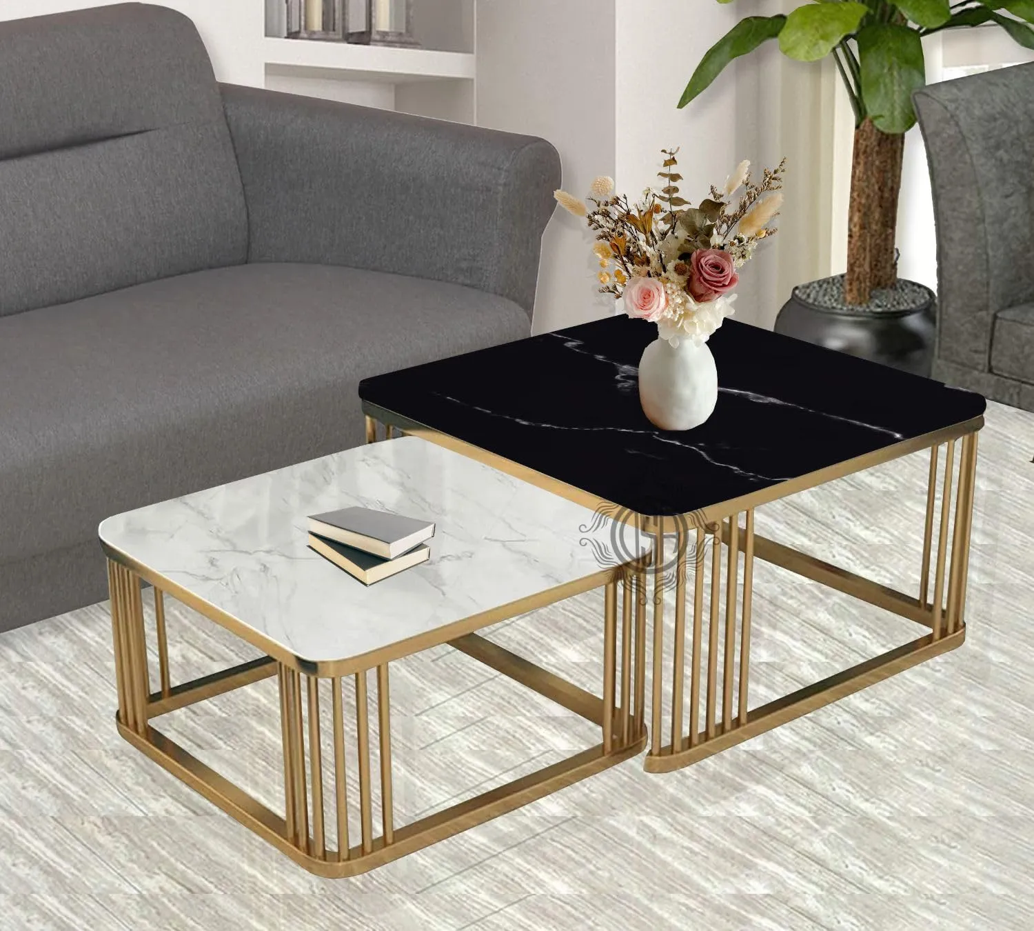 DSH Metal Coffee Table Nesting Table Marble Finish MDF White Top for Living Room for Bedroom Hall Balcony Office for Decoration. (White & Black)