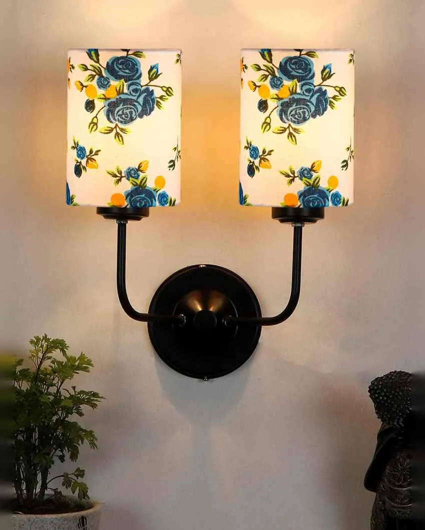 Elegant Cotton Shade Wall Mounted Dual Lamp With Iron Base | Set of 2 | 4 x 12 x 14 inches