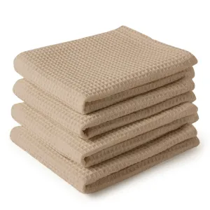 Encasa Homes Anti-Bacterial Kitchen Dish Towels X-Large 18 x 28 inch (4pc Set) Highly Absorbent Waffle Cloth Teatowel for Cleaning & Quick Drying of Plates & Glasses, Eco-Friendly Cotton - Beige