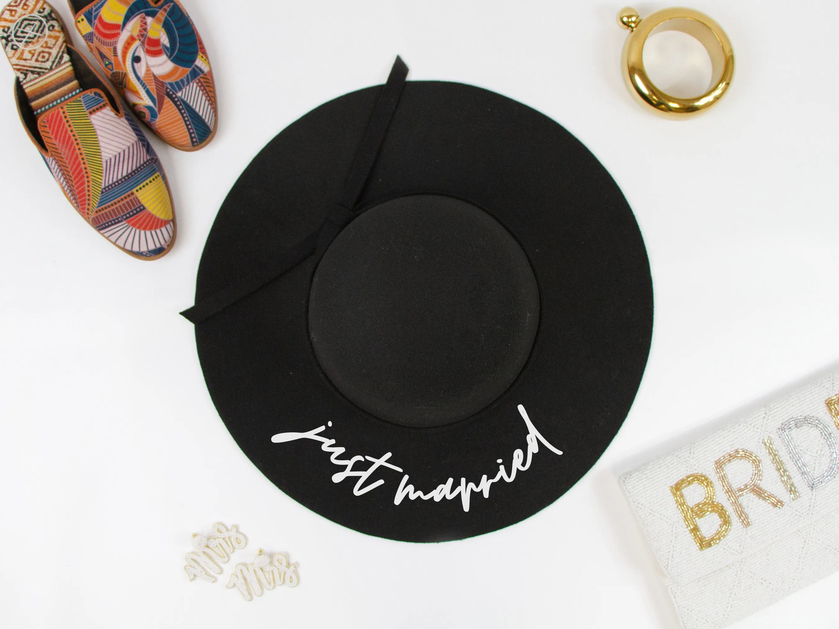 Just Married Black Felt Floppy Hat