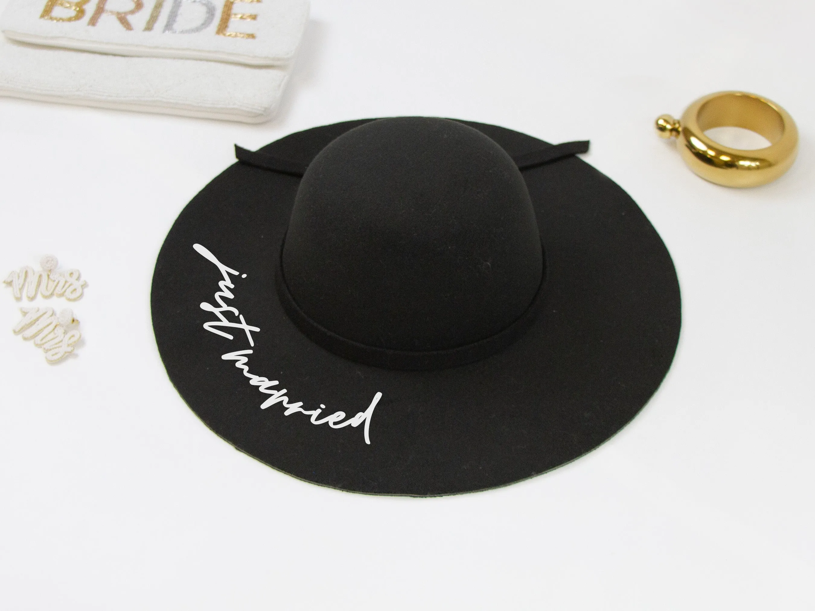 Just Married Black Felt Floppy Hat