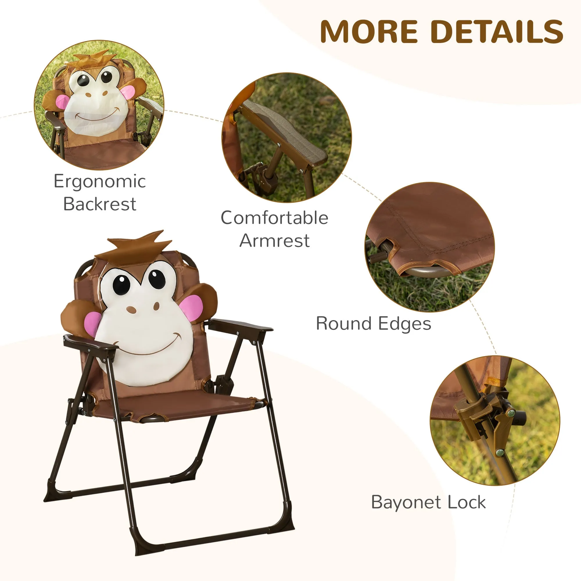 Kids Picnic & Table Chair set, Outdoor Folding Garden Furniture w/ Monkey Design, Removable, Adjustable Sun Umbrella, Ages 3-6 Years - Brown