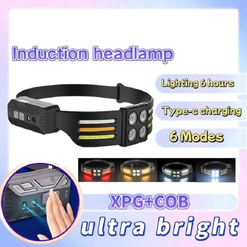 LED Induction Headlamp Portable Powerful COB Headlight Super Bright Red Running Head Light USB Built-in Battery Head Flashlights