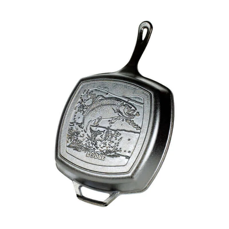 Lodge 10.5" Wildlife Series Cast Iron Square Grill Pan With Fish Scene