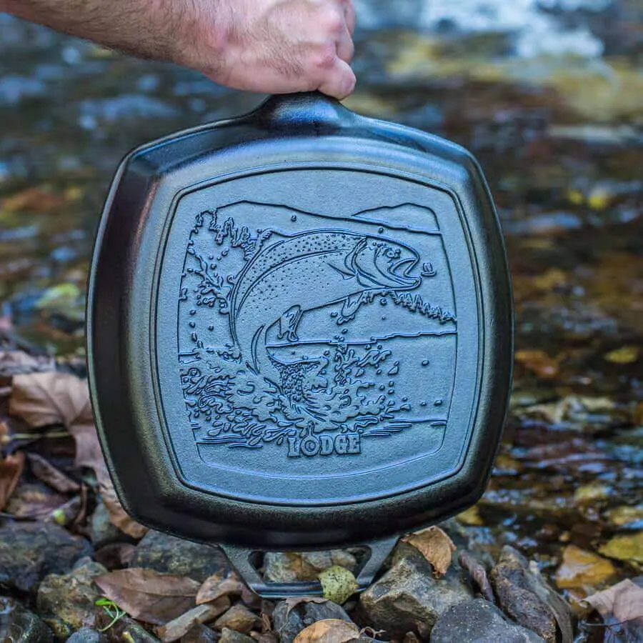 Lodge 10.5" Wildlife Series Cast Iron Square Grill Pan With Fish Scene