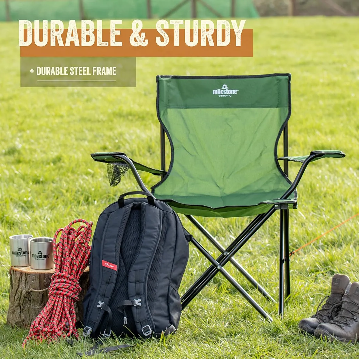 Milestone Camping 20389 Folding Camping Chair with Cup Holder & Storage Bag/Portable Travel Chair/Folds Flat to Store / H80 x W83 x D50cm / Green Colour