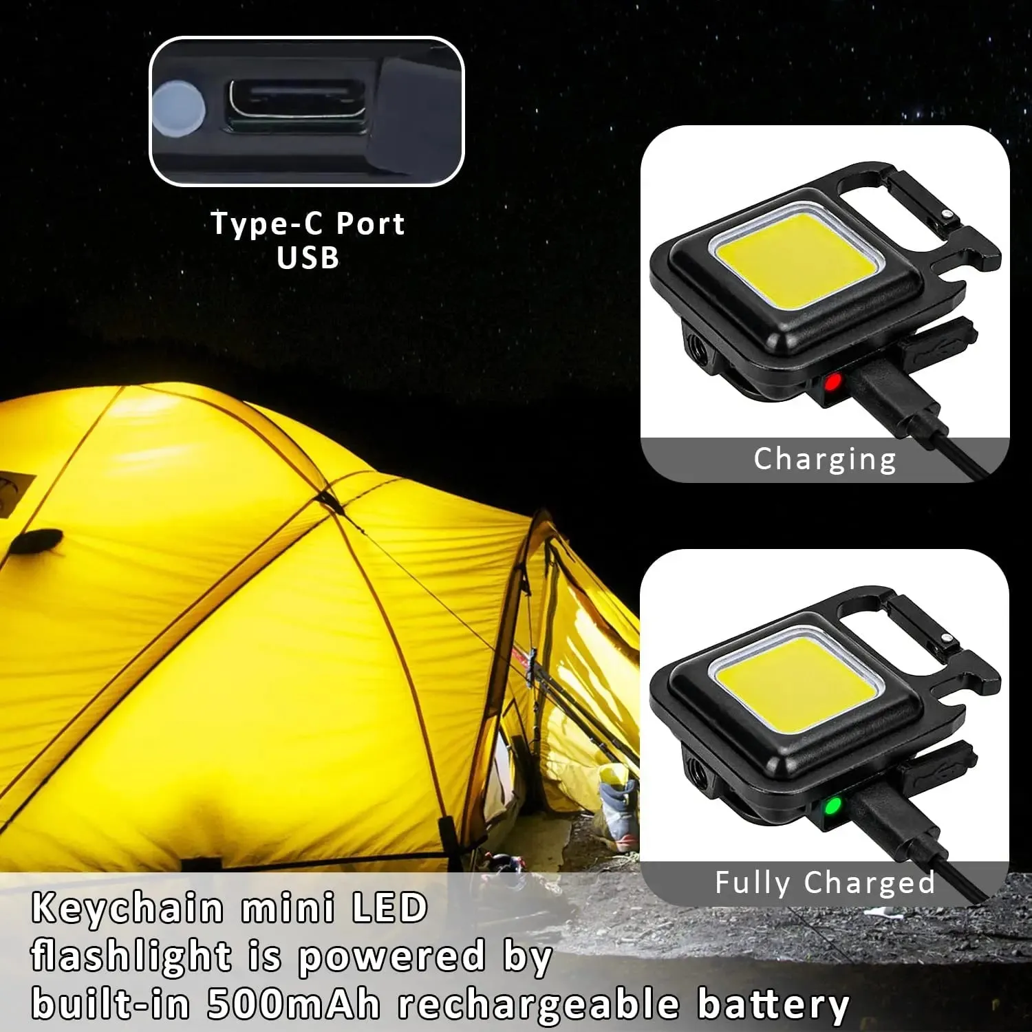 Mini LED Flashlight Keychain Light Multifunctional Portable COB Camping Flashlights USB Charging Work Lights Working for 5 Hours