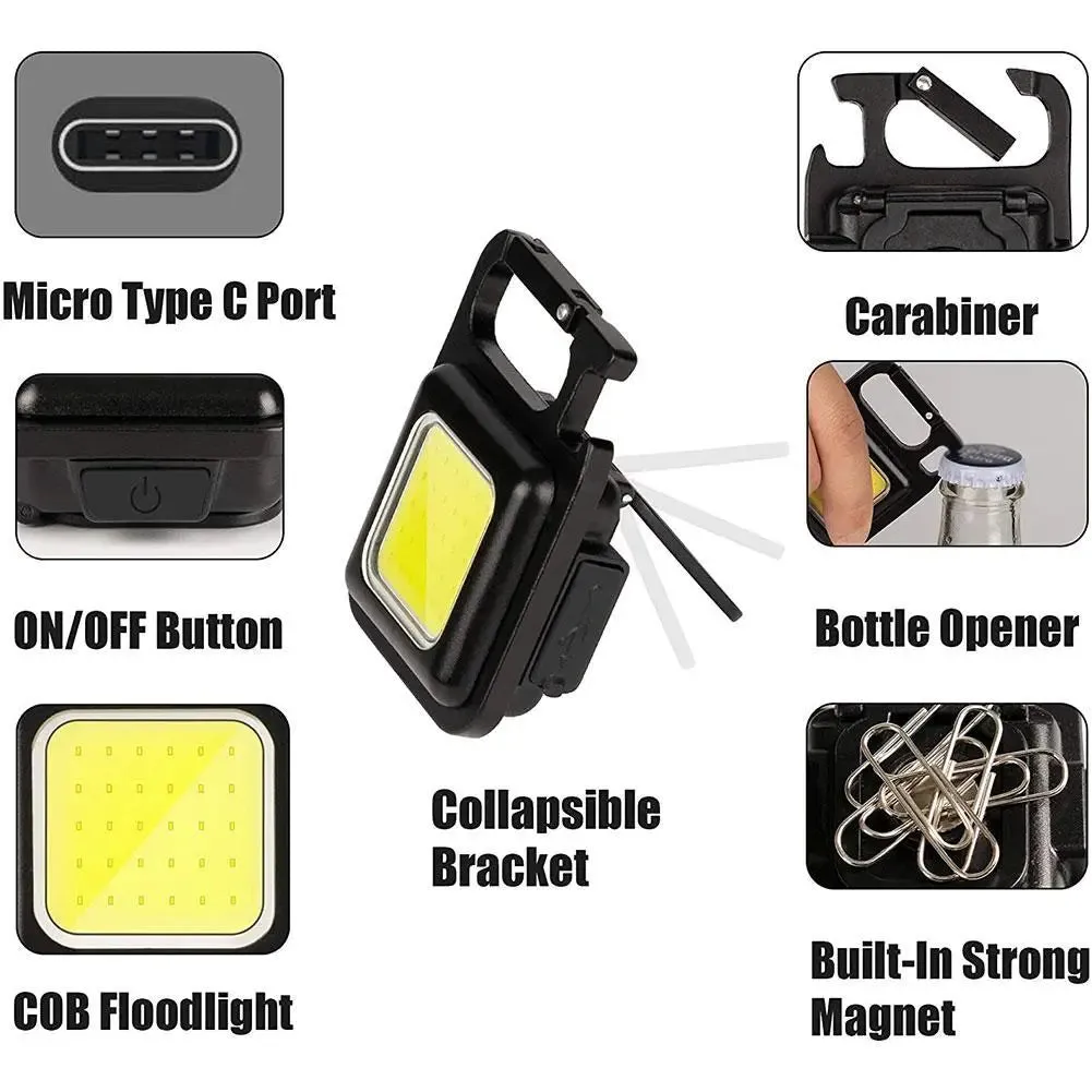 Mini LED Flashlight Keychain Light Multifunctional Portable COB Camping Flashlights USB Charging Work Lights Working for 5 Hours