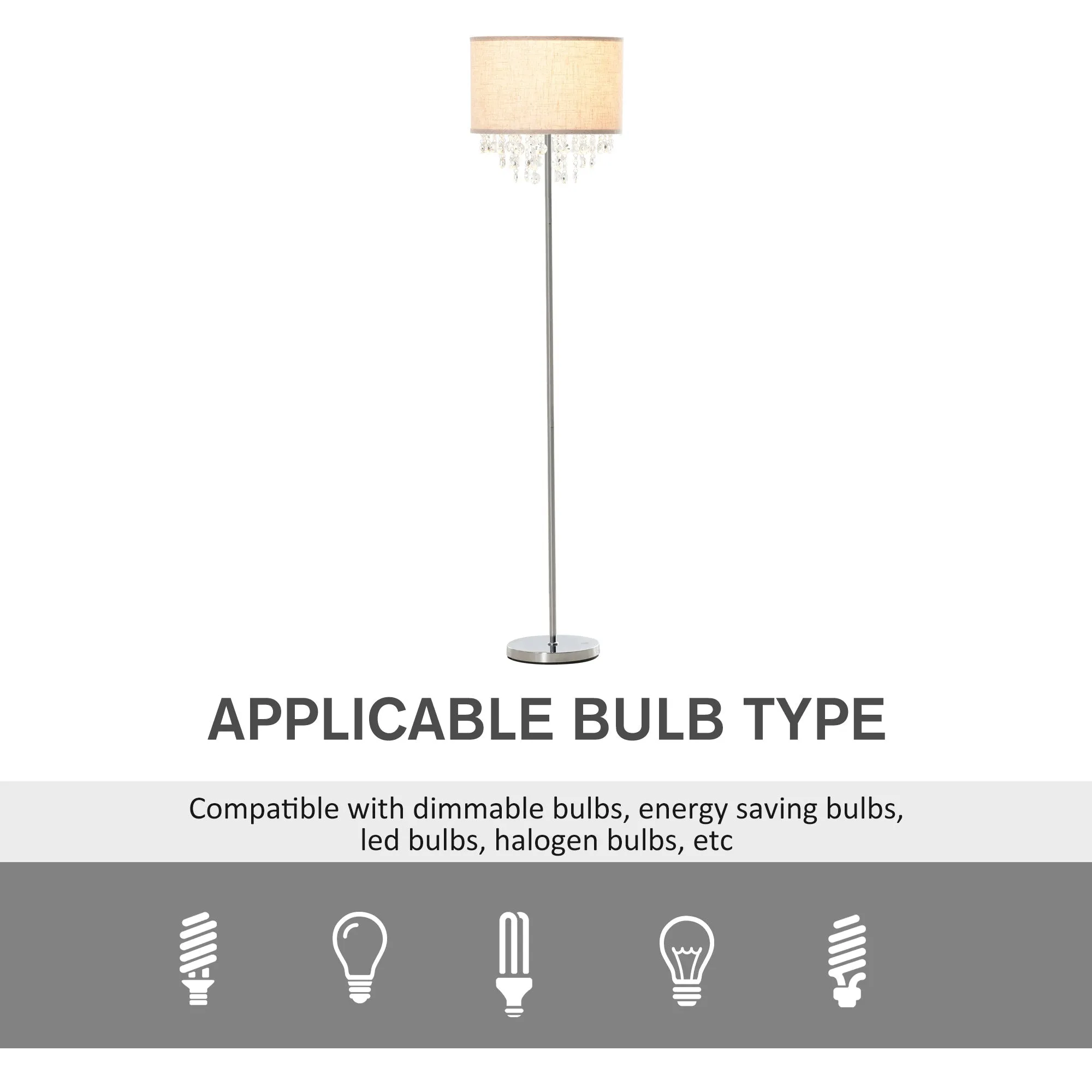 Modern Crystal Pendant Floor Lamp with Fabric Shade Metal Base for Home Office