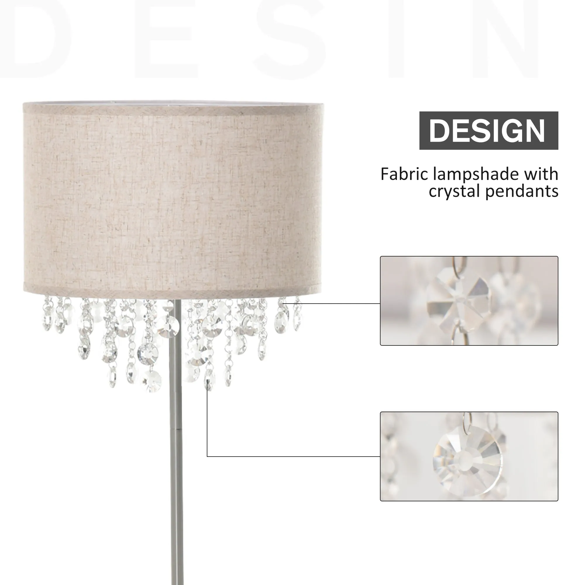 Modern Crystal Pendant Floor Lamp with Fabric Shade Metal Base for Home Office