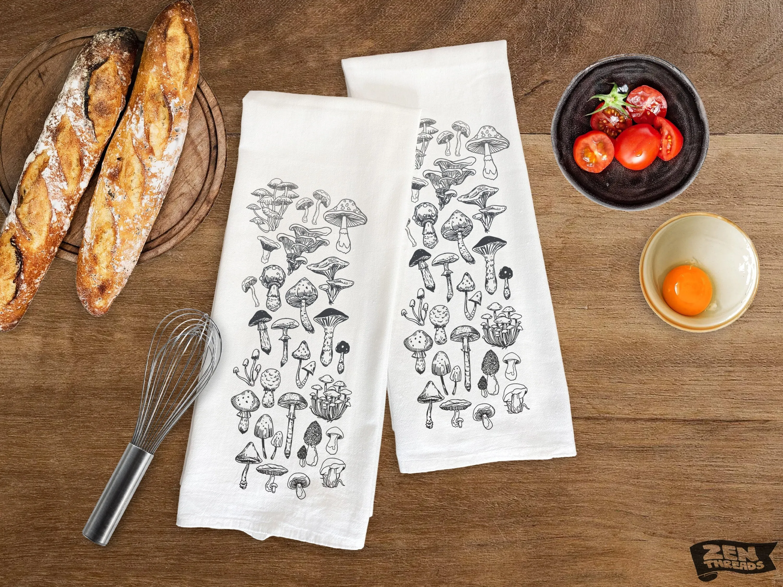 Mushrooms Grey Large Flour Sack Towel Fungi Bar Kitchen Gift Organic Natural Cotton tea towel gift