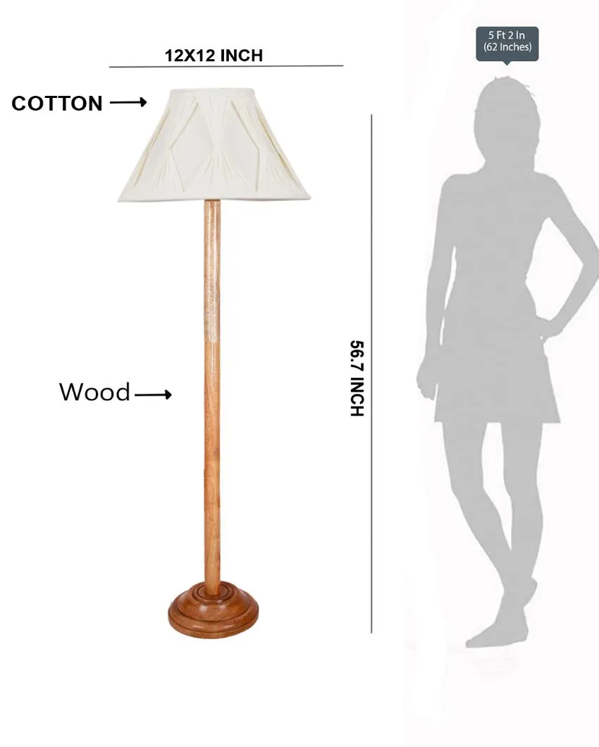 Off White Curtain Pleated Cotton Shade Floor Lamp With Wooden Base | 12 x 57 Inches