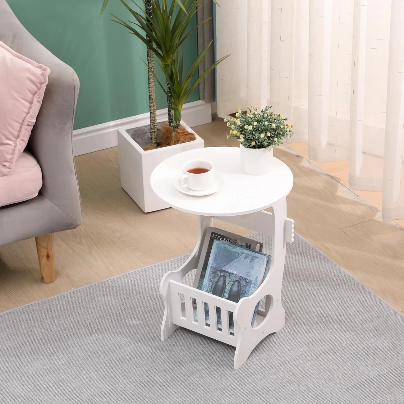 Portable Round End Table With Storage Basket Ra-118