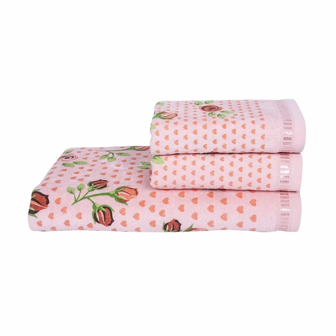 Rose N Heart 450 GSM Cotton Towel Set Of 3 (1 Bath Towel, 2 Hand Towels)