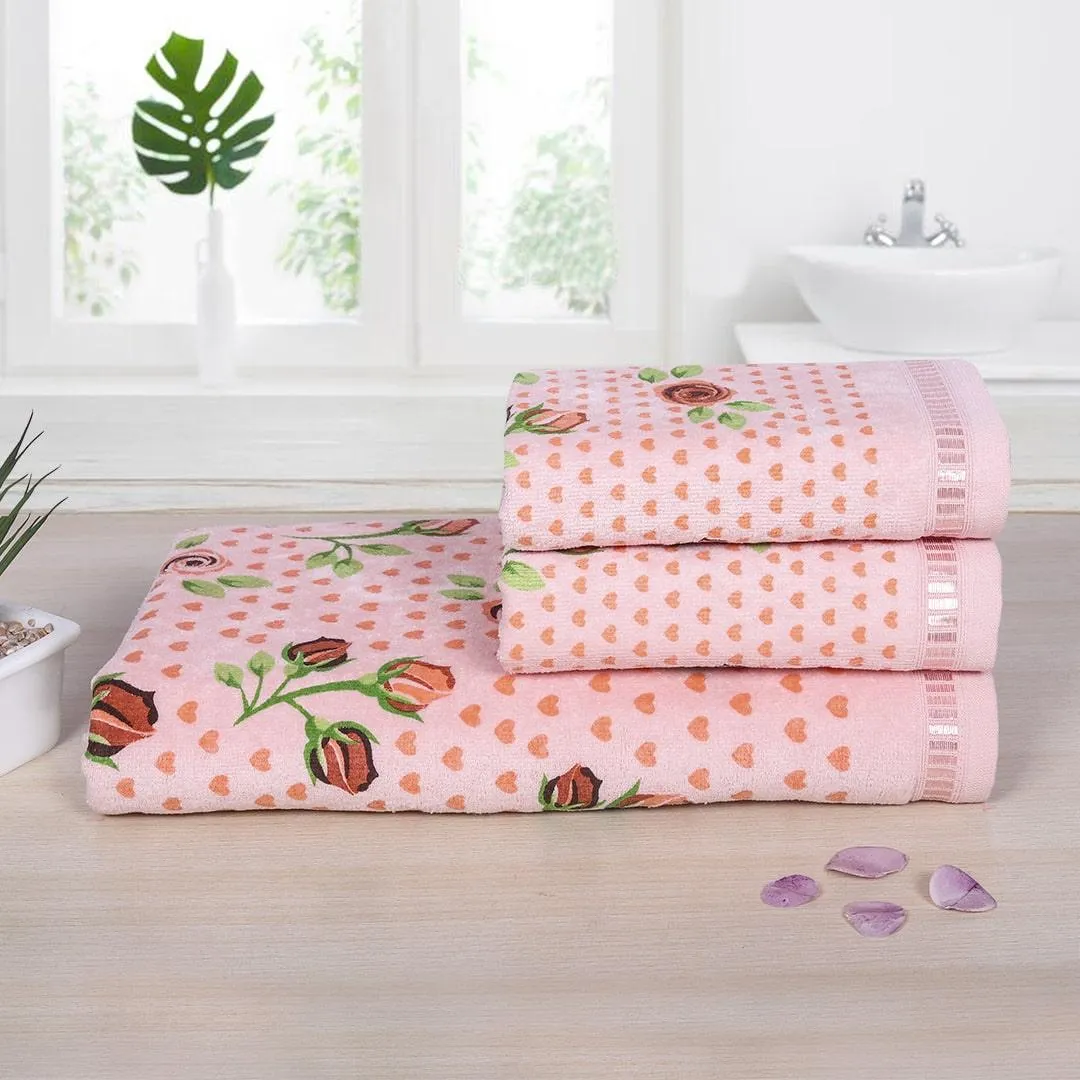 Rose N Heart 450 GSM Cotton Towel Set Of 3 (1 Bath Towel, 2 Hand Towels)