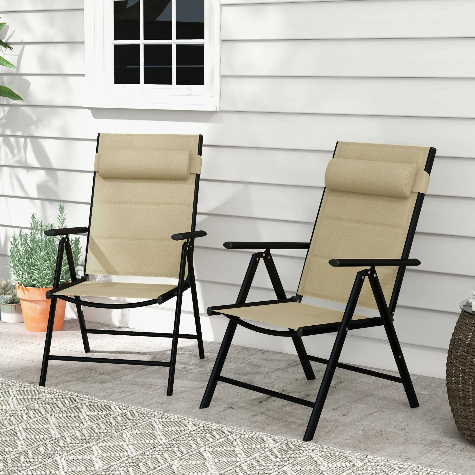 Set of 2 Patio Folding Chairs w/ Adjustable Back, Garden Dining Chairs w/ Breathable Mesh Fabric Padded Seat, Backrest, Headrest, Khaki