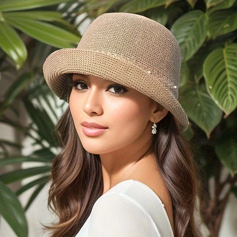 Short Brim Faux Pearl Decor UV Protection Bucket Sun Hat