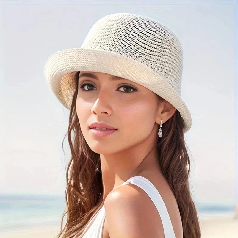 Short Brim Faux Pearl Decor UV Protection Bucket Sun Hat