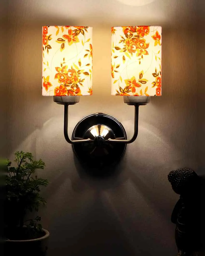 Simple Cotton Shade Wall Mounted Dual Lamp With Steel Base | Set of 2 | 4 x 12 x 14 inches