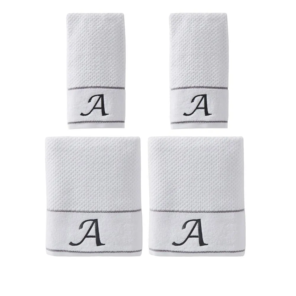 SKL Home Saturday Knight Ltd Monogram "A" Soft Textured Stripes Bath And Hand Towel Set - 4-Piece - 27x50", 16x25", White