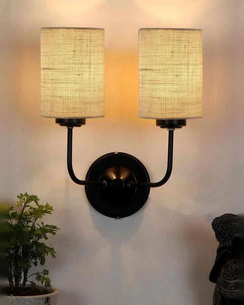 Sophisticated Jute Wall Dual Lamp Iron Base | Set of 2 | 4 x 12 x 14 inches