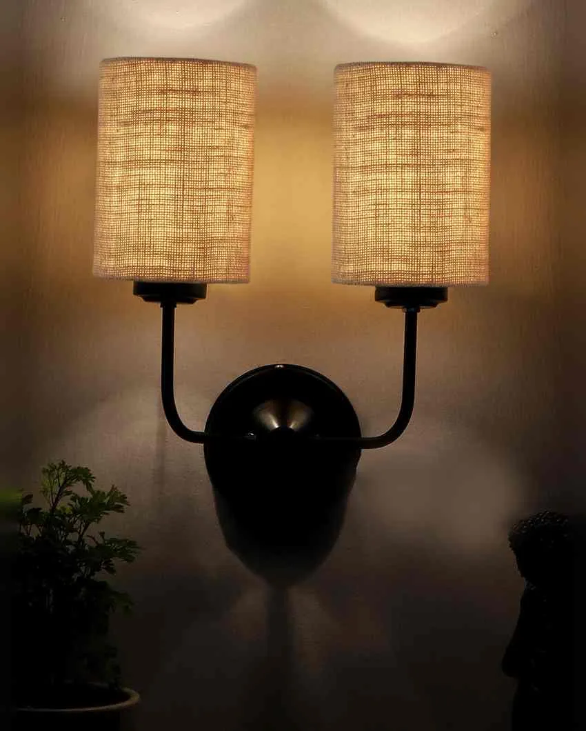 Sophisticated Jute Wall Dual Lamp Iron Base | Set of 2 | 4 x 12 x 14 inches