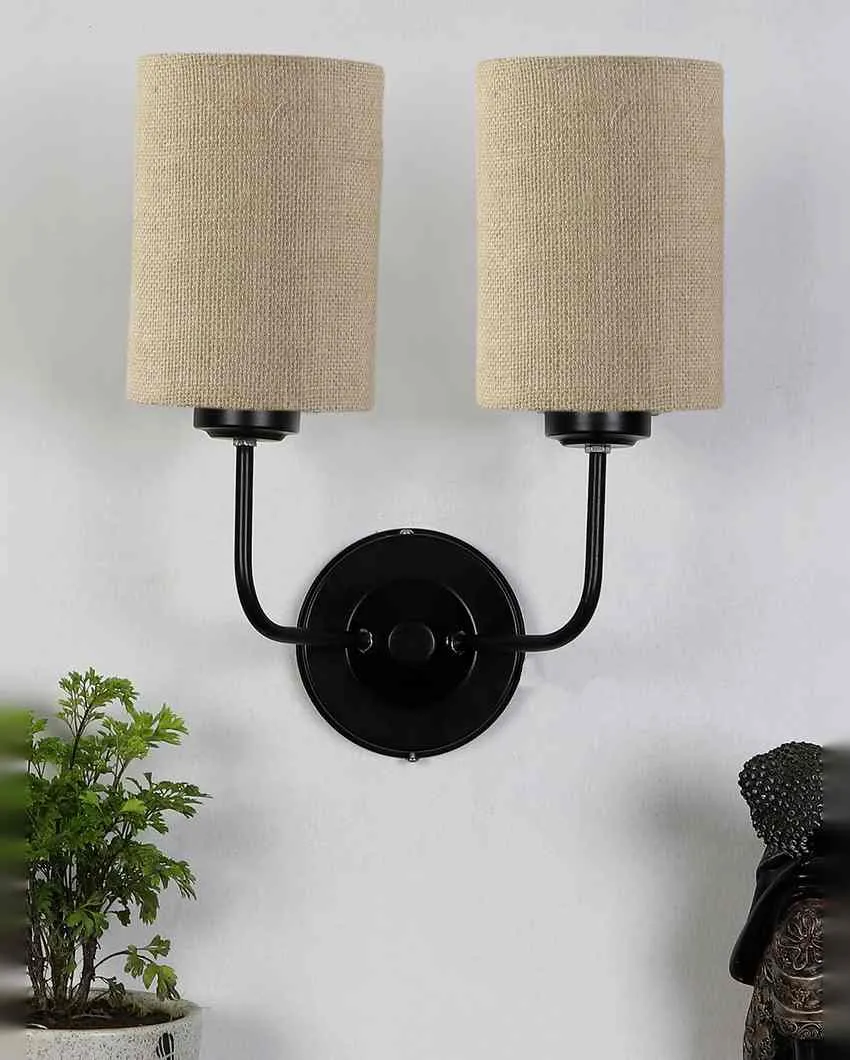 Sophisticated Jute Wall Dual Lamp Iron Base | Set of 2 | 4 x 12 x 14 inches