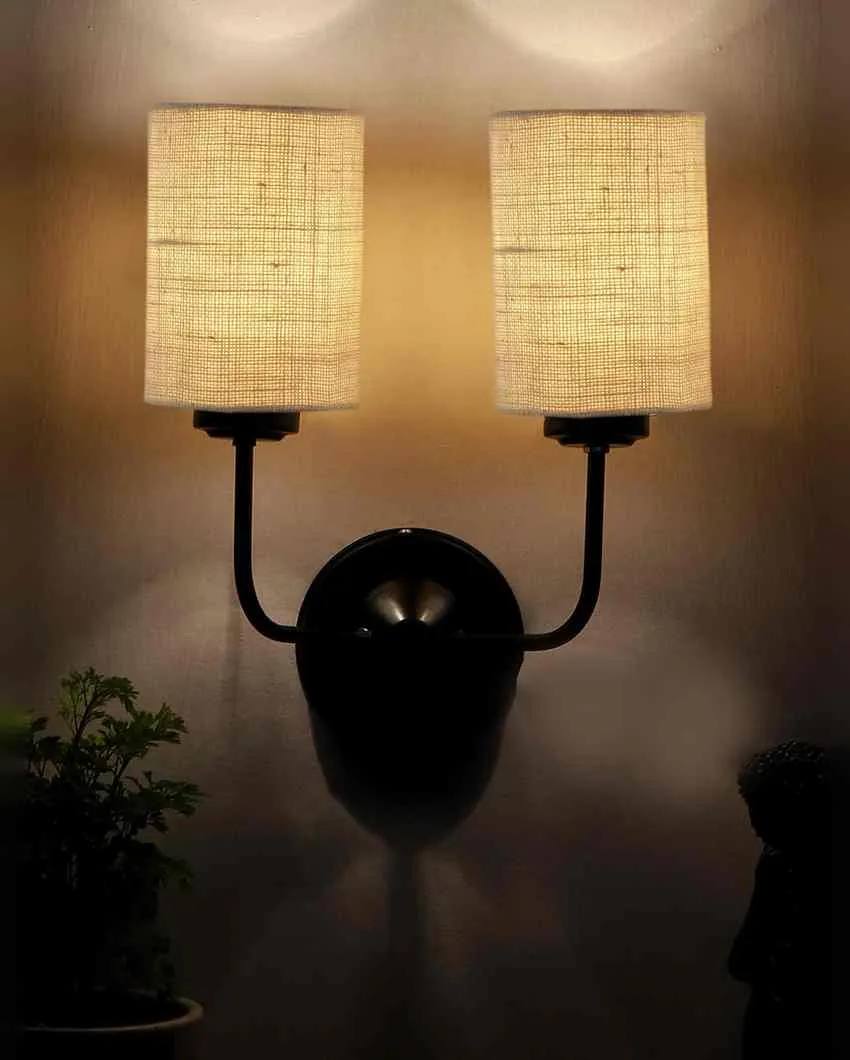 Sophisticated Jute Wall Dual Lamp Iron Base | Set of 2 | 4 x 12 x 14 inches