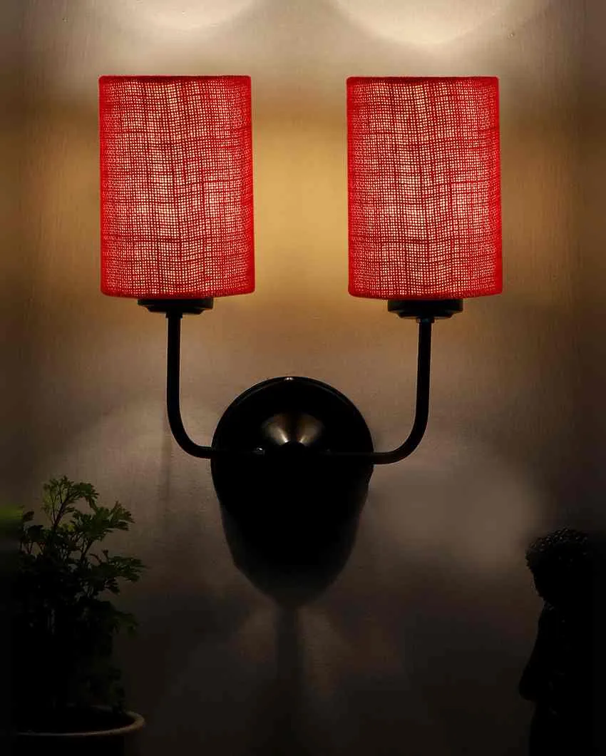 Sophisticated Jute Wall Dual Lamp Iron Base | Set of 2 | 4 x 12 x 14 inches