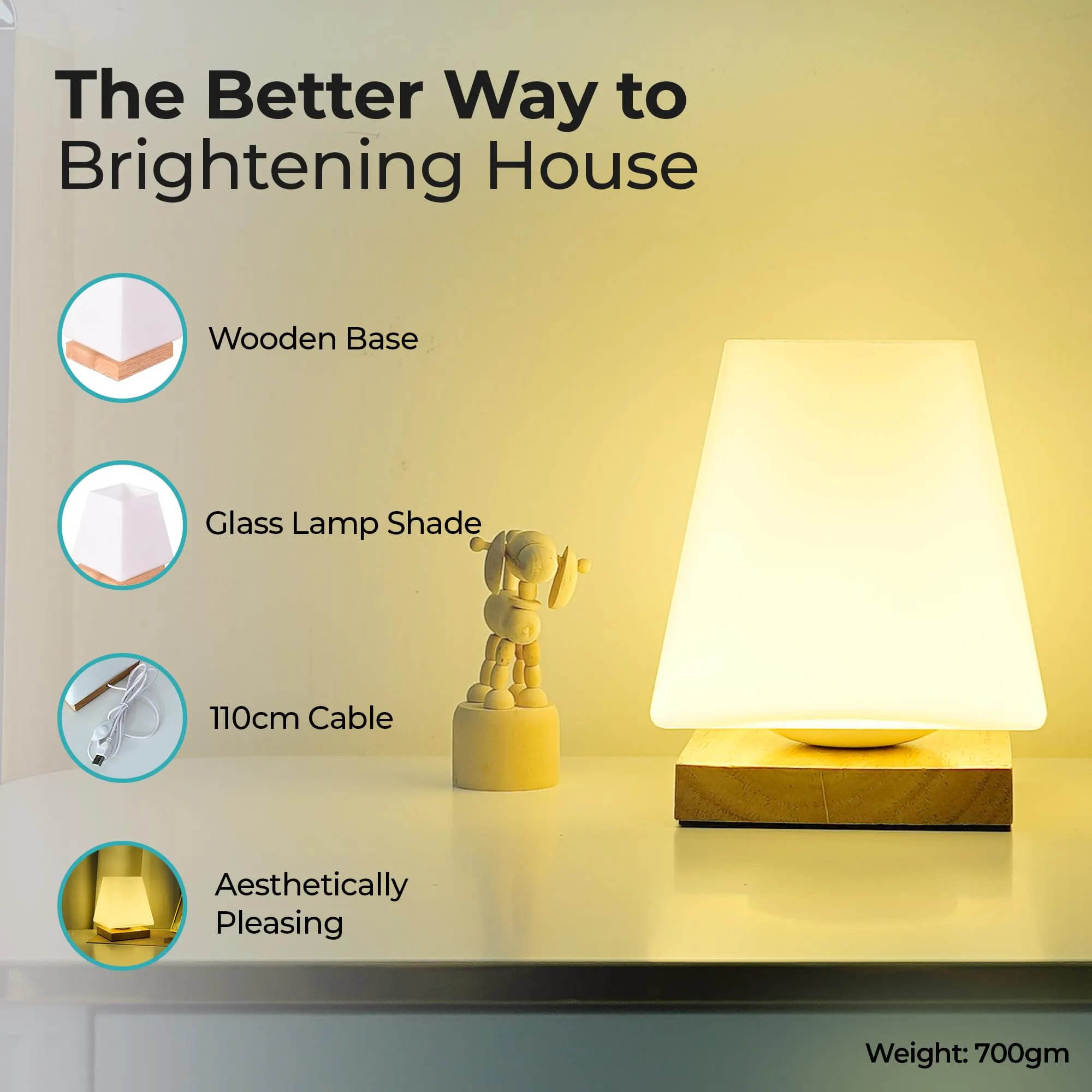 The Better Home Dimmable Table Lamp For Bedroom-12 CM| Wood Base with Diffused Glass Shade|Table Lamp For Study |Gift for House Warming Ceremony| Home Decor Items| Aesthetic Table Lamp For Living Room