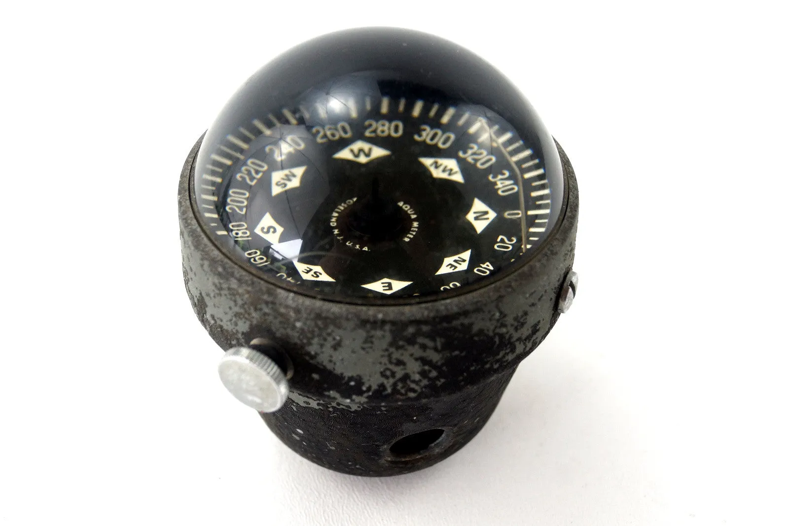 Vintage Marine Compass Liquid Filled in Black Metal Housing by Aqua Meter (c.1950s)