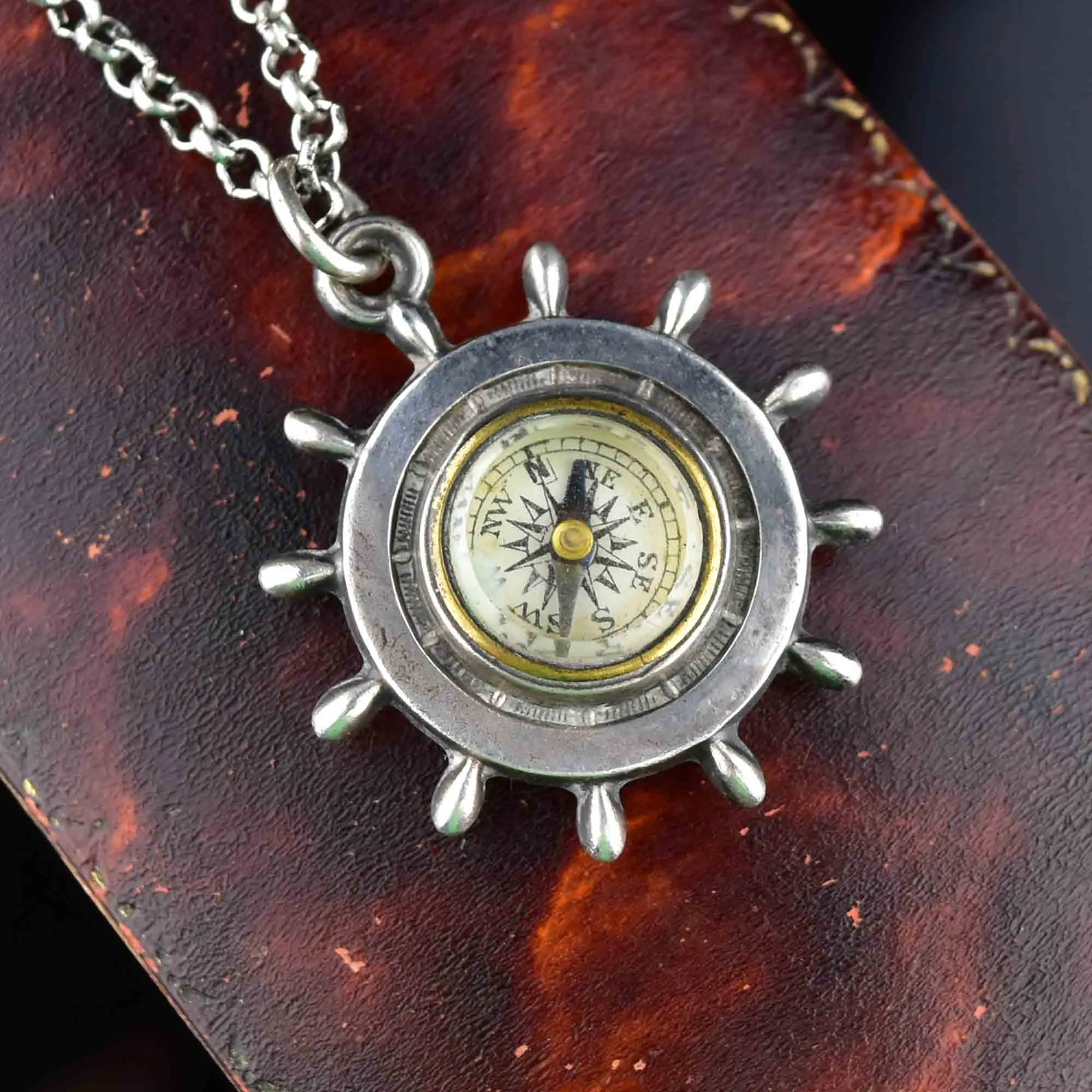 Vintage Sterling Silver Working Compass Fob Necklace