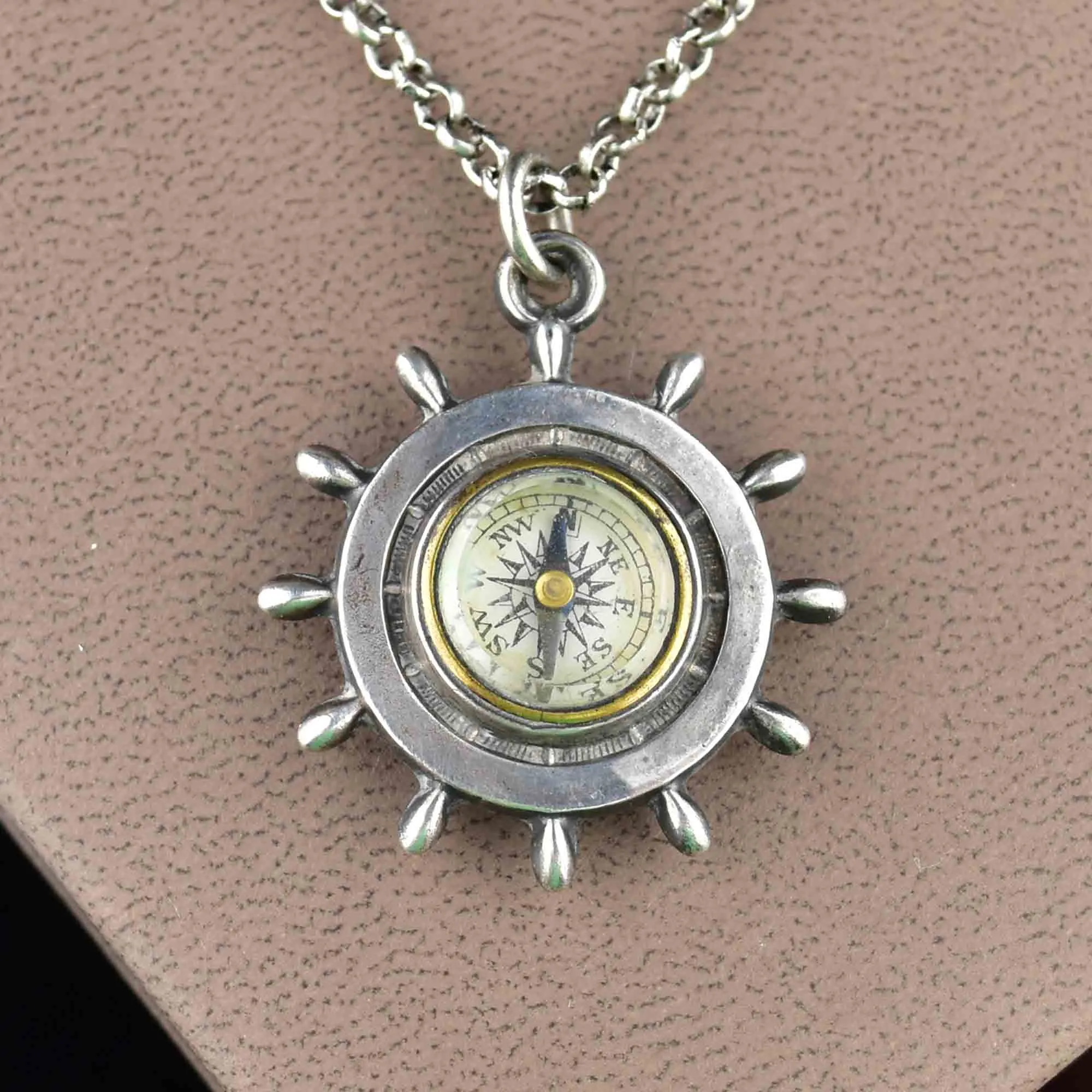 Vintage Sterling Silver Working Compass Fob Necklace